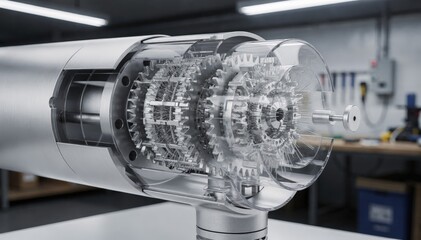 Medium view of lint cleaner crosssection showing detailed saw blades and lint grids focused sharply against a softly blurred industrial workshop environment.