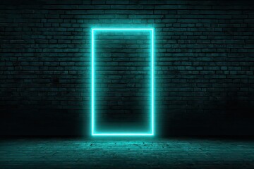 Illuminated Cyan Neon Rectangle Frame on Rustic Dark Brick Wall with Moody Lighting and Cracked Grunge Floor in Urban Interior Setting