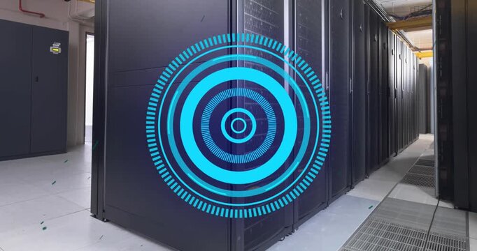 Animation of blue round scanner spinning against computer server room