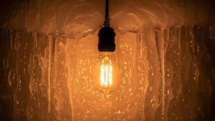 vintage filament bulb glows warmly against a freezing winter backdrop, its amber light illuminating the translucent textures of hanging icicles and creating a cozy contrast to the cold environment.