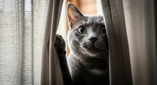 Curious feline peers through parted window drapery with wide green eyes