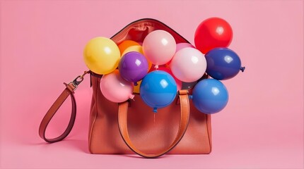 Handbag filled with balloons in playful surreal fashion irony concept