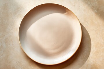 Minimalist Round Plate in Beige and White on Textured Beige Surface with Sunlight Shadows Still Life