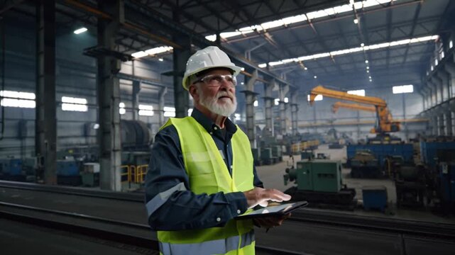 4K cinematic video, mature industrial worker inspecting machinery, wearing helmet safety vest, walking active industrial site, digital tablet hand, volumetric light beams filtering factory windows