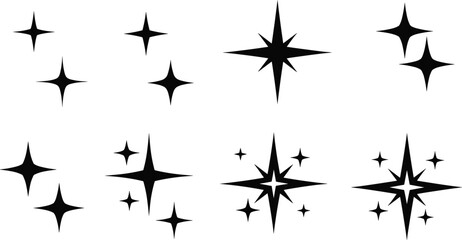 Minimal sparkle star icon set featuring shining twinkle shapes for magic effects, decoration accents, highlights, and abstract design elements © meri999