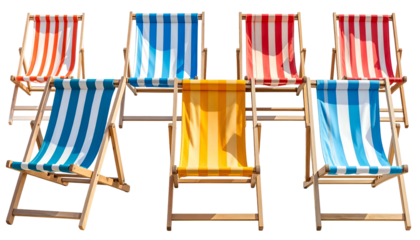 Seven colorful striped deck chairs in various orientations, set against a black background