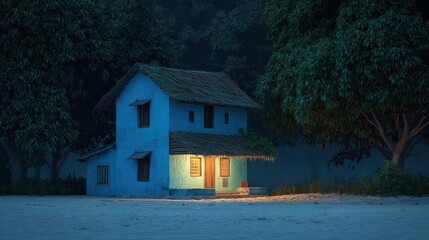 Nighttime View of a Two Story Home with a Tiled Roof Surrounded by Green Trees in the Forest With Glowing Lights