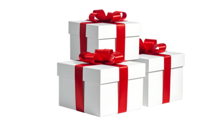 Stack of white gift boxes tied with red ribbons, set against a black background