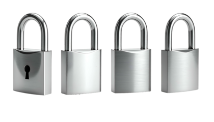 Four silver padlocks displayed in a row, with varying surfaces and positions
