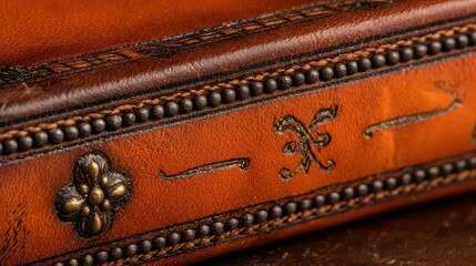 Ornate Brown Leather Box Close Up with Decorative Brass Studs and Floral Emblems in Warm Lighting Detail