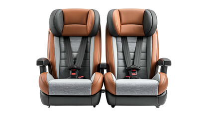 Two child car seats, brown/gray, forward-facing, with harnesses, rendered against a black bg