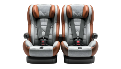 Two car safety seats side-by-side, gray fabric with brown leather accents