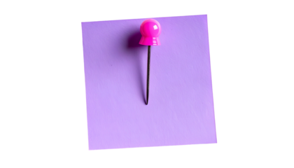 A square purple sticky note pinned with a pink push pin, isolated on black