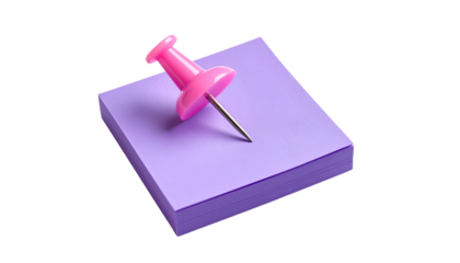 A stack of purple sticky notes with a pink push pin, isolated on black