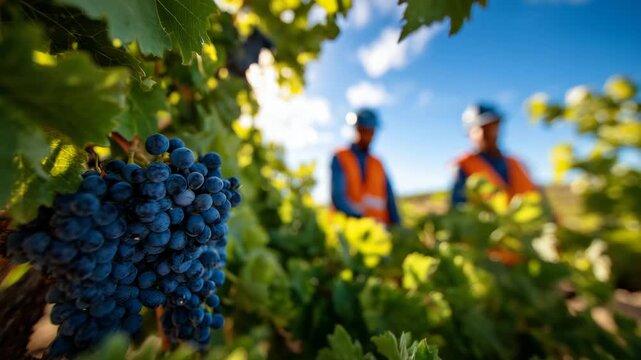 Detailed close-up of grapes still on the vine as workers pass through rows collecting fruit, leaves rustling in sunlight, countryside vineyard harvest and seasonal farming lifestyl