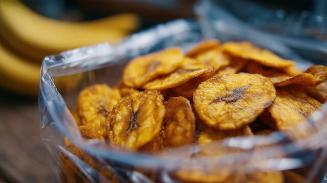 Detailed close-up of plantain chips inside a clear plastic bag, chips visible through the packaging, subtle reflections on bag surface, kitchen countertop blurred in background, ap
