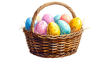 A wicker basket overflowing with colorful speckled Easter eggs and straw