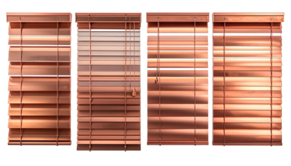 Four copper-toned window treatments with horizontal slats, varying in opening