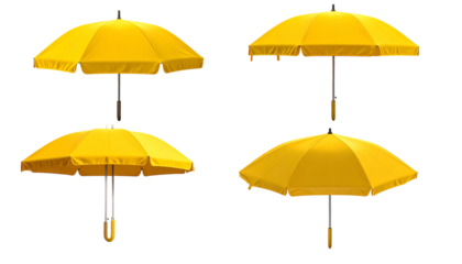 Four bright yellow umbrellas in various open positions, set against a black backdrop
