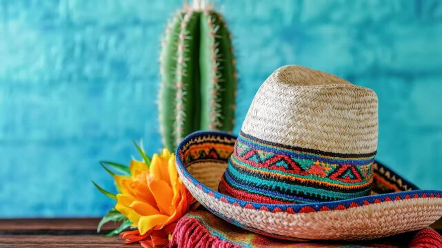 Colorful sombrero and vibrant decor with cactus and flower placed on wooden table against blue wall backdrop