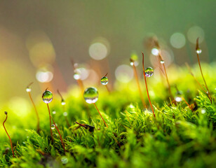 Vibrant Green Moss Adorned with Dew Drops Reflecting Miniature Life