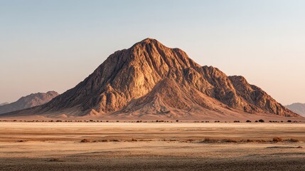 Rocky Hillside Bathed in Golden Light at Dusk with Mountain Views and Grassy Plains Under Pale Blue Sky in Wilderness Landscape