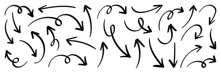 Hand Drawn swirl or twist curved arrows vector. Collection doodle marker arrows in different directions. Black hand drawn doodle arrows vector illustrator.  © Omnivía