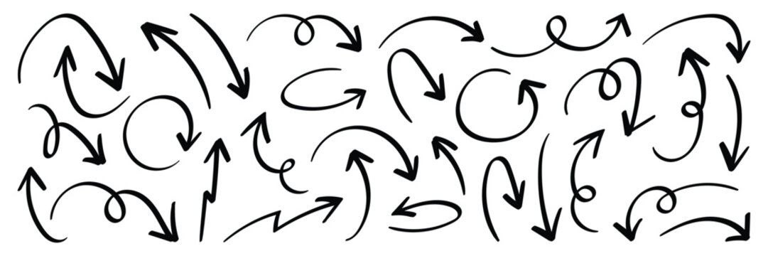 Black hand drawn doodle sketch curved and swirly arrows collection. Hand drawn curved swirl line arrow vector set for infographic. 