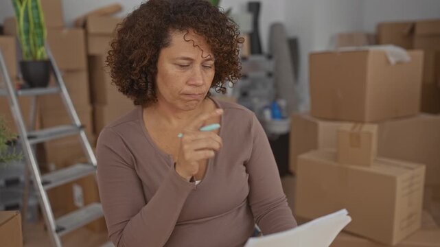 Woman holds pen to chin while reviewing a stack of papers among packed cardboard boxes in new home; concern.