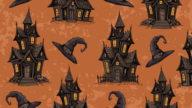 Spooky seamless pattern featuring dark haunted Victorian houses and floating witch hats on an orange textured background for Halloween.