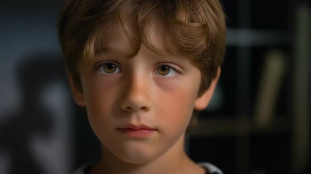 Close-up portrait of a curious boy looking directly at the camera with a puzzled expression indoors, possibly in a home or library setting