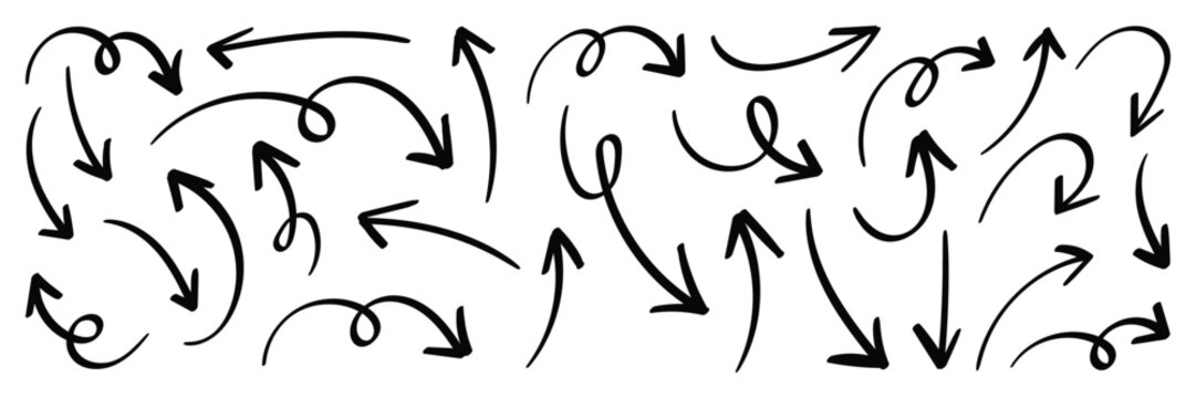 Hand Drawn swirl or twist curved arrows vector. Collection doodle marker arrows in different directions. Black hand drawn doodle arrows vector illustrator. 