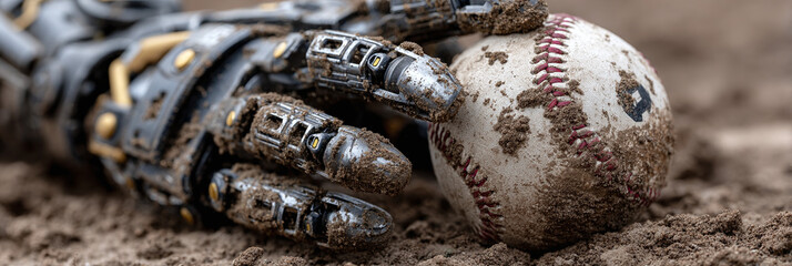 Robotic hand gripping a dirty baseball on a dirt field, symbolizing the intersection of technology and sports