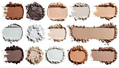 Arranged swatches of makeup eyeshadow, varying shades of browns, tans, and off-whites