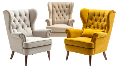 Three elegant tufted-back wingback chairs in cream, beige, and yellow against a black backdrop