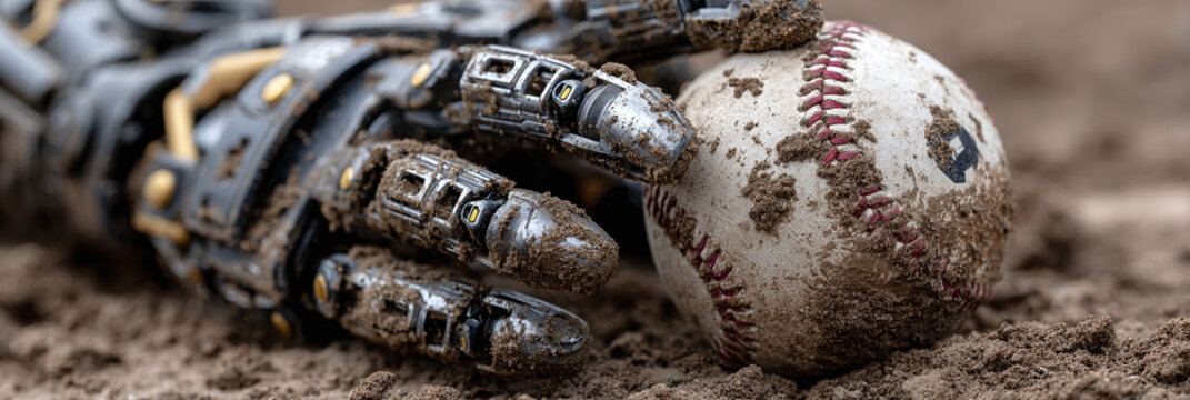Robotic hand gripping a dirty baseball on a dirt field, symbolizing the intersection of technology and sports - Powered by Adobe