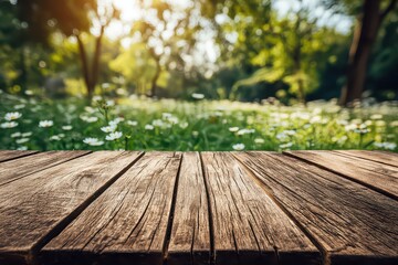Rustic Wooden Tabletop Overlooking a Sun Drenched Meadow of White Daisies and Green Trees in a Serene Sunny Park Landscape