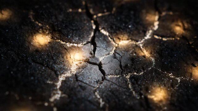Extreme close-up of a charcoal block surface, cracked patterns and porous carbon structure dominating the frame, dramatic macro lighting, abstract texture study