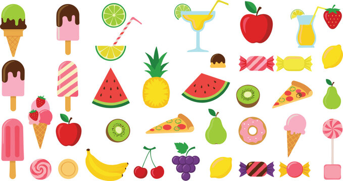 Flat cartoon food and dessert icon set with ice cream, fruits, pizza, candy and drinks vector illustration collection