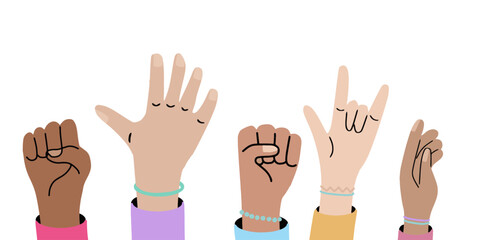 Fototapeta premium Simple Diverse Hands with Different Gestures Flat Design Illustration