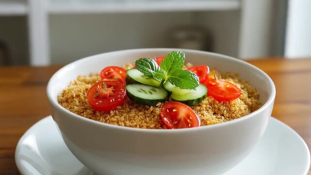 A healthy bowl of quinoa salad with vegetables on a wooden table indoors