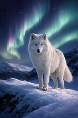 Obraz premium Arctic Wolf Under Northern Lights on Snowy Ridge
