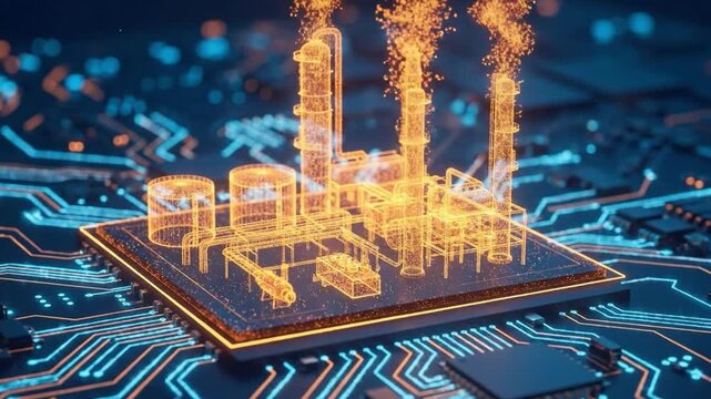 Digital representation of an industrial refinery on a glowing circuit board background