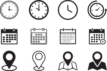 Fototapeta premium Black and White Minimalist Icon Set Featuring Clocks, Calendars, and Location Map Pins for Business Planning and Design