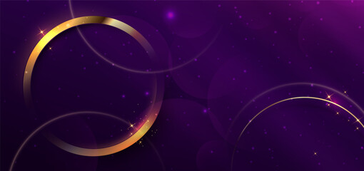 3D gold circle on purple background with lighting effect and space for text.. Luxury Purple Background with Golden Circular Frame and Sparkling Lights