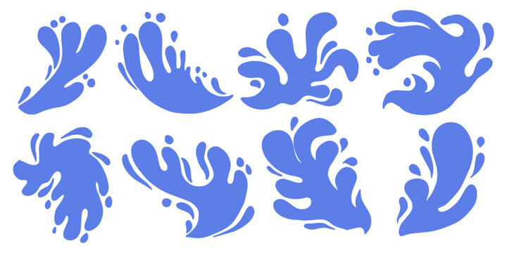 playful flat design water splash collection, liquid motion decorative element vector illustration isolated on white background