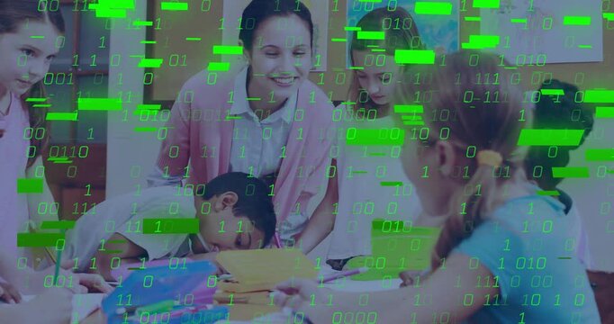 Six children unpacking colored pencils at classroom table, teacher leaning over guiding boy drawing
