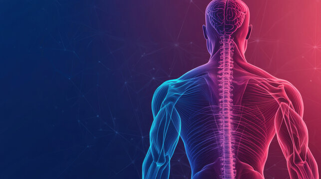 Human anatomy illustration showing autophagy process in nervous system with spine brain and muscle structure on blue background