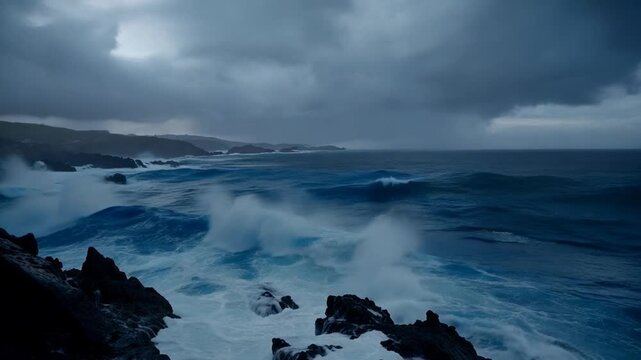 Stormy ocean waves crash against rocky coastline under dark, cloudy sky on a stormy day