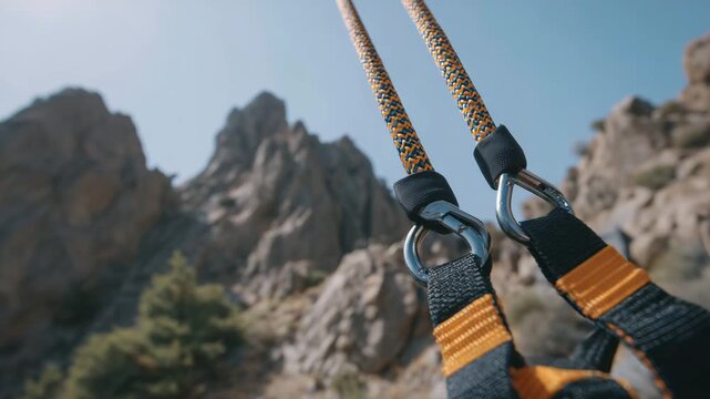 Macro view of a climber&rsquo;s harness and belay device under load while rappelling, rope fibers stretched and taut, metal carabiners catching sunlight, blurred rocky background, techni